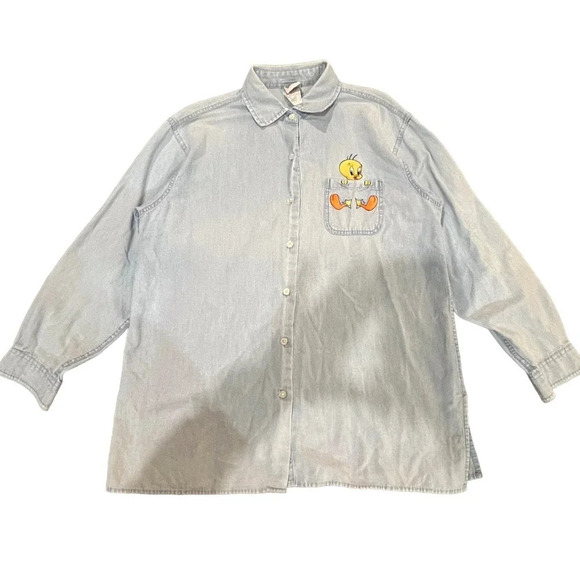 Vintage 90s Warner Bros Women's‎ Medium Looney Tunes Tweety Chambray Button-Up - Picture 1 of 4